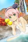  autumn braid female fence flower green_eyes headband hot_springs official_art pasca_kanonno pink_hair rubber_duck sitting smile solo steam tales_of_(series) tales_of_link tales_of_the_world_radiant_mythology towel tree water waterfall 