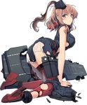  anchor ass belt black_dress blue_eyes breast_pocket breasts brown_hair closed_mouth dress flight_deck full_body hair_between_eyes hair_ornament high_heels kantai_collection kneeling large_breasts looking_back lowres machinery magazine_(weapon) neckerchief official_art pocket ponytail red_legwear red_neckwear remodel_(kantai_collection) saratoga_(kantai_collection) shizuma_yoshinori solo thighhighs transparent_background 