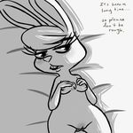  2016 anthro areola black_and_white blush breasts buckteeth chest_tuft dialogue disney english_text female half-closed_eyes hand_on_breast inkyfrog lagomorph looking_at_viewer lying mammal maxine_d&#039;lapin monochrome nipples nude on_back pussy rabbit teeth text tuft wide_hips zootopia 