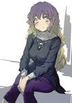  adapted_costume brown_hair casual eyebrows geppewi gradient_hair hijiri_byakuren long_hair multicolored_hair pants purple_hair shirt smile solo thick_eyebrows touhou yellow_eyes 