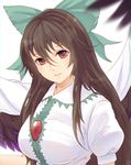  bow breasts brown_hair cape closed_mouth expressionless green_bow hair_bow head_tilt highres large_breasts lips long_hair looking_at_viewer puffy_sleeves red_eyes reiuji_utsuho solo touhou white_background wings x&amp;x&amp;x 