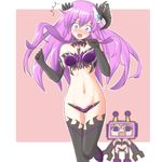  1girl atair blue_eyes blush dark_persona embarrassed hair_ornament horns long_hair navel nepgear nepgyaa nepnep_connect:_chaos_chanpuru neptune_(series) open_mouth purple_hair purple_sister purple_sister_(chaos_form) solo 