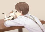  ^_^ animal arm_support beige_background brown_eyes brown_hair calico cat character_request closed_eyes closed_mouth hatano_(joker_game) joker_game licking long_sleeves male_focus nekomaaro petting profile shirt simple_background smile suspenders tongue tongue_out upper_body whiskers white_shirt wooden_table 