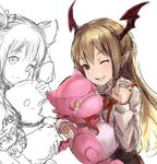  ;) bangs bat_wings beth_(shingeki_no_bahamut) blonde_hair brown_eyes character_doll flower frilled_shirt_collar frills granblue_fantasy head_wings luna_(shadowverse) multiple_girls one_eye_closed red_flower red_rose rose shadowverse shingeki_no_bahamut shirt shogo_(shogo) sketch smile stuffed_animal stuffed_dragon stuffed_toy unfinished vampire vampy white_shirt wings 