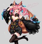  1girl ;d absurdres animal_ears bare_shoulders black_dress black_footwear black_legwear blue_bow blush bow breasts cleavage commentary_request detached_sleeves dress fate/extra fate/extra_ccc fate_(series) fox_ears fox_girl fox_shadow_puppet fox_tail hair_between_eyes hair_bow harness heart high_heels highres large_breasts leg_up long_hair long_sleeves looking_at_viewer one_eye_closed open_mouth orange_eyes pink_hair shoes short_dress sidelocks sleeves_past_wrists smile solo tail tamamo_(fate)_(all) tamamo_no_mae_(fate) thighhighs twintails wide_sleeves 