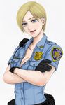  badge bekio belt black_gloves blonde_hair blue_eyes breasts cleavage collarbone crossed_arms cybil_bennett gloves highres lapel_pin large_breasts name_tag open_mouth police police_uniform policewoman short_hair silent_hill smile solo uniform upper_body walkie-talkie 