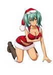  artist_request boots breasts cleavage collarbone full_body green_eyes green_hair hat highres ikkitousen kneeling large_breasts looking_at_viewer navel red_hat ryofu_housen santa_costume santa_hat shiny shiny_skin simple_background smile solo white_background 