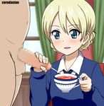  1girl artist_name black_neckwear blonde_hair blue_eyes blue_sweater censored clothed_female_nude_male corodastan cum cum_in_cup cup curtains darjeeling dress_shirt ejaculation fingernails girls_und_panzer handjob hetero mosaic_censoring necktie nude penis shirt st._gloriana's_school_uniform sweater teacup testicles v-neck white_shirt window 