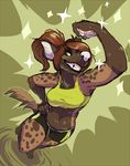  abstract_background anthro athletic bra breasts brown_body brown_fur brown_hair clothed clothing digital_media_(artwork) facial_markings female flexing full-length_portrait fully_clothed fur green_background green_eyes grin hair hand_on_hip high-angle_view hoot hyena inner_ear_fluff mammal markings midriff multicolored_fur on_one_leg ponytail portrait shorts simple_background solo sports_bra spots spotted_body spotted_fur spotted_hyena standing teeth two_tone_fur underwear zoya_(monstercatpbb) 