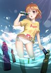  ;o ahoge aoiao barefoot belly_peek bikini bikini_bottom bottle bow braid day hair_bow highres lens_flare love_live! love_live!_sunshine!! navel one_eye_closed orange_hair ramune red_bow red_eyes shirt short_hair short_sleeves side-tie_bikini side_braid solo swimsuit swimsuit_under_clothes t-shirt takami_chika wading water white_bikini yellow_eyes 