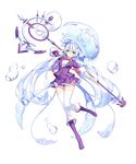  boots bow bubble frilled_skirt frills full_body highres jellyfish long_hair looking_at_viewer original personification purple_eyes ronopu skirt smile solo staff standing standing_on_one_leg thighhighs very_long_hair white_hair white_legwear zettai_ryouiki 