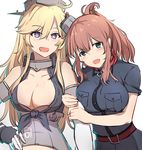  alternate_costume arm_grab bare_shoulders black_dress blonde_hair blue_eyes breast_pocket breasts brown_eyes brown_hair cleavage_cutout detached_sleeves dress hair_between_eyes hair_ornament hand_on_hip iowa_(kantai_collection) kantai_collection large_breasts long_hair looking_at_viewer military military_uniform multiple_girls navel_cutout necktie open_mouth pocket remodel_(kantai_collection) saratoga_(kantai_collection) short_sleeves side_ponytail smile star star-shaped_pupils symbol-shaped_pupils uniform upper_body xiujia_yihuizi 