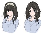  1girl alternate_hairstyle bangs black_hair blue_eyes blue_sweater collarbone flying_sweatdrops hagane_soushi headband idolmaster idolmaster_cinderella_girls multiple_views no_hairband parted_bangs sagisawa_fumika spoken_ellipsis sweater 