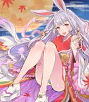  :d animal_ears ass bad_id bad_pixiv_id breasts bunny_ears full_moon granblue_fantasy grey_panties hair_ornament kaguya_(granblue_fantasy) knees_up long_hair looking_at_viewer medium_breasts moon open_mouth panties purple_eyes sandals silver_hair sitting smile socks solo tajima_ryuushi underwear w white_legwear 