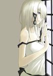  blue_eyes breasts cleavage collarbone hair_ornament indoors kauto long_hair off_shoulder original shirt silver_hair solo white_shirt wings zinnia_silane 