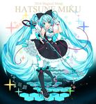  2016 :d \m/ aqua_eyes aqua_hair boots character_name dress full_body gloves hatsune_miku highres juna knee_boots long_hair looking_at_viewer magical_mirai_(vocaloid) microphone microphone_stand necktie open_mouth pantyhose smile solo twintails very_long_hair vocaloid white_gloves 