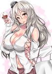  blush breasts brown_skirt cleavage collarbone commentary_request cup drinking_glass hat highres kantai_collection large_breasts long_hair long_sleeves looking_at_viewer mini_hat navel pola_(kantai_collection) revealing_clothes sankakusui shoulder_cutout sideboob sidelocks silver_eyes silver_hair skirt solo stomach tongue tongue_out upper_body wavy_hair wine_glass 