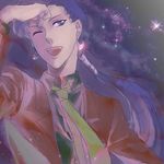  androgynous bishoujo_senshi_sailor_moon black_hair crescent crescent_earrings earrings formal hikaru_(asteriskring) jewelry long_hair low_ponytail lowres necktie night night_sky one_eye_closed open_mouth ponytail reverse_trap seiya_kou sky smile solo star_(sky) upper_body 