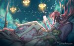  barefoot brown_hair dress fish from_side highres long_hair rin_(shelter) shelter_(music_video) solo stuffed_animal stuffed_toy teddy_bear wenqing_yan 