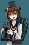  :d binoculars blue_background brown_eyes brown_hair dress headgear highres kantai_collection long_sleeves looking_at_viewer machinery natsuyuki neckerchief open_mouth sailor_collar sailor_dress short_hair simple_background smile solo speaking_tube_headset upper_body yukikaze_(kantai_collection) 
