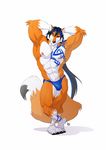  2016 abs alty anthro armpits biceps big_tail black_fur black_hair black_nose black_tail blue_hair bulge canine claws clothed clothing crossed_legs digital_media_(artwork) eyebrows fluffy fluffy_tail fox full-length_portrait fur furrybob gloves_(marking) hair hands_behind_head hi_res long_hair long_tail looking_at_viewer male mammal markings multicolored_fur multicolored_hair multicolored_tail muscular muscular_male nipples orange_fur orange_tail pecs pink_nipples plantigrade portrait pose raised_eyebrow signature simple_background socks_(marking) solo speedo standing swimsuit tattoo toe_claws topless two_tone_hair white_background white_fur white_tail yellow_eyes 