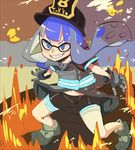  bangs bike_shorts black_gloves blue_eyes blue_hair blunt_bangs boots domino_mask enen_no_shoubotai fire fire_helmet firefighter gloves grin helmet inkling mask pointy_ears sakurai_energy sidelocks smile solo splatoon_(series) splatoon_1 tentacle_hair 