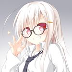  blush eyebrows_visible_through_hair glasses gradient gradient_background hair_ornament hairclip laughing lethe-shion looking_at_viewer necktie original red_eyes shirt solo upper_body white_hair white_shirt 