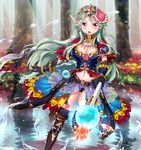 2014 belt black_gloves breasts chino_ukana cleavage crystal dated elf forest gloves green_hair large_breasts long_hair midriff nature original pointy_ears purple_eyes solo staff standing standing_on_one_leg tree water 