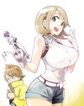  1girl bare_shoulders belt breasts brown_eyes brown_hair energy_gun gamon_yuuta gloves hair_ornament hairclip heart heart_hair_ornament highres large_breasts looking_at_viewer mob_(artist) narusawa_ryouka occultic;nine pinky_out ray_gun short_hair short_shorts shorts simple_background smile thighs translation_request trigger_discipline weapon white_background white_gloves 