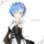  ^_^ agung_syaeful_anwar black_ribbon blush closed_eyes detached_sleeves eyebrows eyebrows_visible_through_hair eyes_visible_through_hair french hair_ornament hair_over_one_eye long_sleeves maid maid_headdress pink_ribbon re:zero_kara_hajimeru_isekai_seikatsu rem_(re:zero) ribbon short_hair simple_background solo white_background x_hair_ornament 