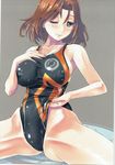  ;) adjusting_clothes adjusting_swimsuit armpits azumi_(girls_und_panzer) bangs black_swimsuit blush breasts brown_hair cleavage closed_mouth collarbone competition_swimsuit emblem girls_und_panzer green_eyes groin hair_between_eyes hand_on_own_chest highres impossible_clothes impossible_swimsuit large_breasts light_smile looking_at_viewer nenchi one-piece_swimsuit one_eye_closed orange_swimsuit scan selection_university_(emblem) short_hair sideboob simple_background skin_tight skindentation smile solo standing swimsuit taut_clothes upper_body wet wet_clothes white_background 