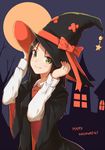  bare_tree black_hair bow collared_shirt fang fang_out green_eyes halloween happy_halloween hat highres house itachi_kanade long_hair looking_at_viewer moon necktie night orange_bow original robe shirt smile solo striped striped_neckwear tree witch witch_hat 