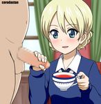  1girl artist_name black_neckwear blonde_hair blue_eyes blue_sweater censored clothed_female_nude_male commentary corodastan cup curtains darjeeling dress_shirt fingernails girls_und_panzer handjob hetero mosaic_censoring necktie nude penis shirt st._gloriana's_school_uniform sweater teacup testicles v-neck white_shirt window 