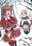  2girls :d animal_ears belt black_gloves blonde_hair blue_eyes blush boots brown_eyes chino_ukana dated earmuffs elbow_gloves fairy_wings flower flying gloves hair_flower hair_ornament hat hat_flower holding_hands long_hair looking_back multiple_girls open_mouth original red_gloves running shawl smile snow thigh_boots thighhighs wings 