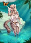  2016 4_toes 5_fingers anthro armpits black_lips breasts clothed clothing day detailed_background eyelashes feline female fur hair mammal open_mouth outside partially_submerged pink_nose sitting smile solo striped_fur stripes teeth tiger toes water white_hair wyla 