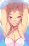  armpits arms_up blush bra breasts brown_hair denizen_tomo glasses large_breasts naughty_face original purple_eyes smile solo steam sweat underwear 