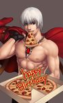  abs absurdres blue_eyes chain_necklace dante_(devil_may_cry) devil_may_cry devil_may_cry_3 fingerless_gloves food gloves happy_birthday highres jacket_over_shoulder kiazee male_focus mouth_hold muscle pizza pizza_box shirtless silver_hair slice_of_pizza solo 