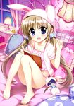  :d absurdres animal_hood barefoot blue_eyes blush book breasts brown_hair bunny_hood cleavage collarbone corona_timir floral_print frilled_pillow frills fujima_takuya golem highres hood lamp long_hair looking_at_viewer lyrical_nanoha mahou_shoujo_lyrical_nanoha_vivid official_art on_bed open_mouth panties pillow pink_panties ribbon scan shiny shiny_hair shiny_skin short_sleeves sitting skindentation small_breasts smile solo striped sweater twintails underwear vertical-striped_panties vertical_stripes window windowsill 