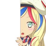  blonde_hair blue_eyes blue_hair blush commandant_teste_(kantai_collection) commentary_request eyebrows eyebrows_visible_through_hair hat kantai_collection long_hair looking_at_viewer multicolored_hair nagineko open_mouth peeking_out red_hair solo streaked_hair transparent_background 