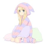  :&lt; animal_hood aqua_eyes bangs barefoot blonde_hair blush bunny_pajamas closed_mouth colored_stripes commentary_request eyebrows eyebrows_visible_through_hair full_body holding holding_pillow hood hooded_pajamas hoodie leg_warmers long_hair looking_at_viewer original pajamas peko pillow shimotsuki_potofu simple_background sitting sleeves_past_wrists socks solo striped striped_hoodie striped_legwear toeless_legwear wariza white_background zipper 