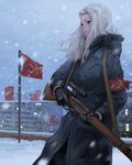  absurdres armband bad_id bad_pixiv_id black_gloves blue_eyes bolt_action building city clara_(girls_und_panzer) coat emblem flag fur_trim girls_und_panzer gloves gun highres holding holding_gun holding_weapon hood hood_down long_hair long_sleeves looking_to_the_side mosin-nagant outdoors pravda_(emblem) rifle scope sky sniper_rifle snow snowing solo tomiya_(tomiya2117) trigger_discipline weapon white_hair wind winter winter_clothes winter_coat 