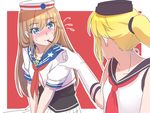  bare_shoulders blonde_hair blue_eyes blush brown_hair feeding flying_sweatdrops food full-face_blush gloves hat hornet_(zhan_jian_shao_nyu) long_hair looking_at_another lulu_heika multiple_girls neckerchief nervous_smile northampton_(zhan_jian_shao_nyu) pleated_skirt pocky ponytail sitting skirt sweat v_arms white_gloves zhan_jian_shao_nyu 