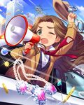  aircraft artist_request brown_hair building car coin cuffs diamond green_eyes ground_vehicle handcuffs hat helicopter idolmaster idolmaster_cinderella_girls jewelry kusakabe_wakaba long_hair megaphone money motor_vehicle necklace necktie official_art one_eye_closed police_car red_neckwear solo very_long_hair 