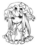  ama-tou bolo_tie bun_cover commentary expressionless eyelashes frills greyscale hair_bun hair_ribbon hat jpeg_artifacts lineart long_hair looking_at_viewer mob_cap monochrome parted_lips patchouli_knowledge ribbon ribbon-trimmed_clothes ribbon_trim simple_background solo touhou tress_ribbon tsurime upper_body white_background 