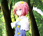  blue_shirt blush breasts capelet closed_mouth day embellished_costume forest from_side heart komeiji_satori long_sleeves looking_away nature outdoors pink_hair purple_eyes shirt short_hair small_breasts solo touhou upper_body yuuforia 