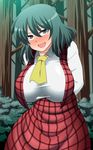  1girl amazon_(artist) arms_behind_back blush breasts collared_shirt forest green_hair huge_breasts kazami_yuuka long_sleeves looking_at_viewer necktie open_mouth outdoors red_eyes short_hair solo standing touhou trees 