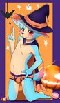  5_fingers armpits blue_fur blush briefs bulge canine clothing dog fur halloween hand_on_hip hat holidays kneeling looking_at_viewer male mammal navel pink_fur red_eyes solo tan-fur underwear witch_hat young まだー１０ 