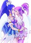  blue_eyes blue_hair blush bracelet choker cure_diamond cure_sword dokidoki!_precure earrings eye_contact feathers hair_ornament hishikawa_rikka imminent_kiss jewelry kenzaki_makoto long_hair looking_at_another magical_girl multiple_girls negom ponytail precure purple_choker purple_eyes purple_hair short_hair spade_earrings spade_hair_ornament yuri 