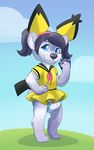  anthro bear blue_eyes card clothing costume cub diaper female fur hair headband looking_at_viewer mammal nintendo paws pichu pok&eacute;mon poofy-shark purple_fur purple_hair smile solo standing video_games young 