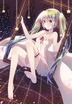  barefoot dress full_body garters green_hair hair_ribbon hatsune_miku highres long_hair looking_at_viewer natsu97 picture_frame ribbon sitting solo star twintails very_long_hair vocaloid white_dress 